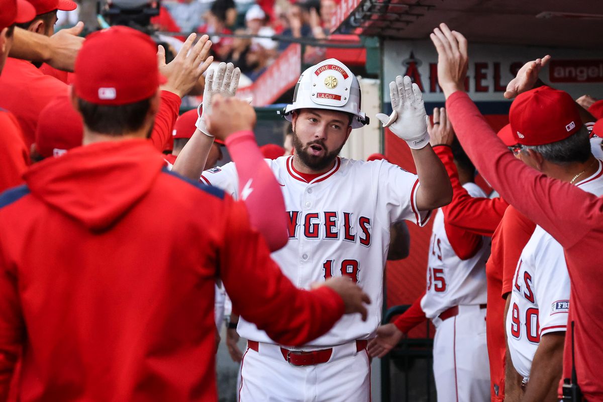 Los Angeles Angels infielder Nolan Schanuel (18) celebrates after hitting a home run during the MLB game against the Washington Nationals Friday June 27th, 2025 at Angel's Stadium in Anaheim, Calif. Los Angeles Angels infielder Nolan Schanuel (18) celebrates after hitting a home run during the MLB game against the Washington Nationals Friday June 27th, 2025 at Angel's Stadium in Anaheim, Calif.