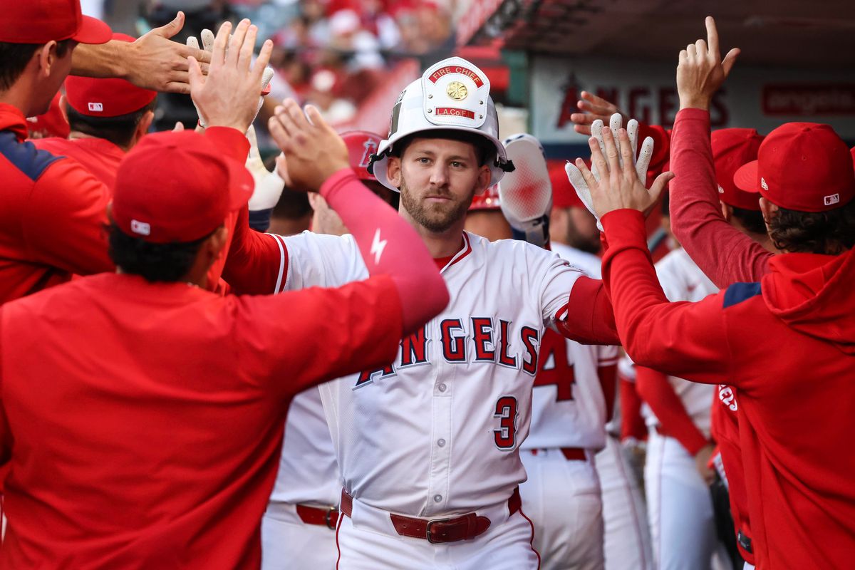 Los Angeles Angels outfielder Taylor Ward (3) celebrates after hitting a home run during the MLB game against the Washington Nationals Friday June 27th, 2025 at Angel's Stadium in Anaheim, Calif. Los Angeles Angels outfielder Taylor Ward (3) celebrates after hitting a home run during the MLB game against the Washington Nationals Friday June 27th, 2025 at Angel's Stadium in Anaheim, Calif.