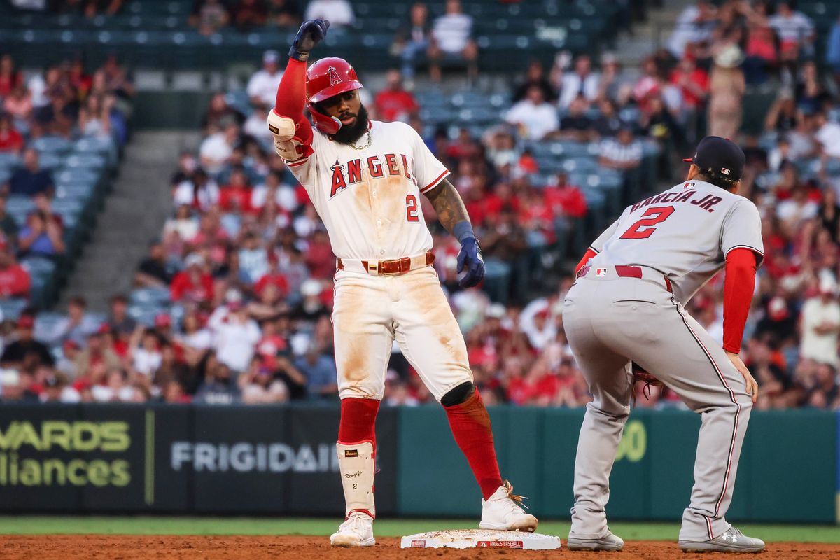 Los Angeles Angels infielder Luis Rengifo (2) celebrates after hitting a double during the MLB game against the Washington Nationals Friday June 27th, 2025 at Angel's Stadium in Anaheim, Calif. Los Angeles Angels infielder Luis Rengifo (2) celebrates after hitting a double during the MLB game against the Washington Nationals Friday June 27th, 2025 at Angel's Stadium in Anaheim, Calif.