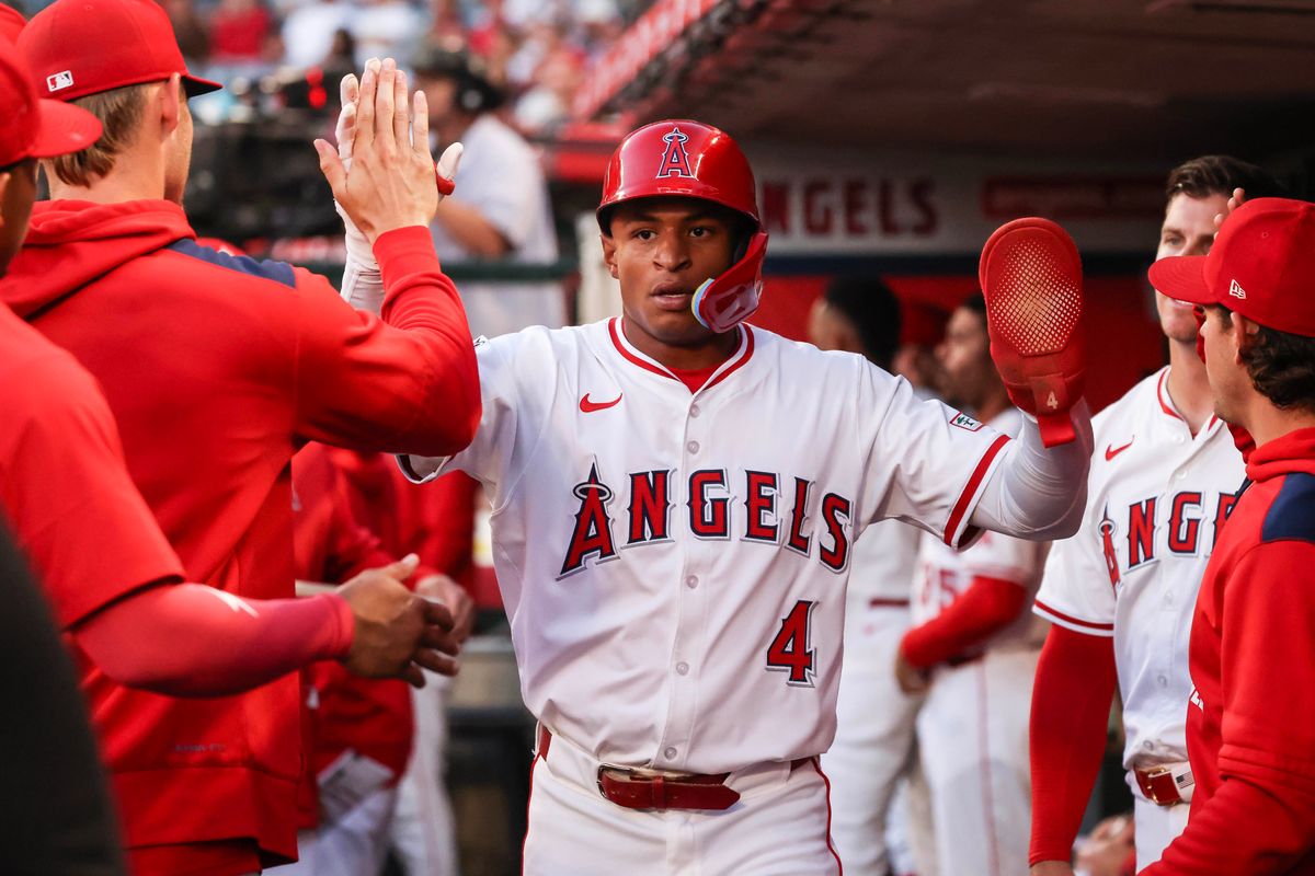 Los Angeles Angels infielder Christian Moore (4) celebrates after scoring a run during the MLB game against the Washington Nationals Friday June 27th, 2025 at Angel's Stadium in Anaheim, Calif. Los Angeles Angels infielder Christian Moore (4) celebrates after scoring a run during the MLB game against the Washington Nationals Friday June 27th, 2025 at Angel's Stadium in Anaheim, Calif.