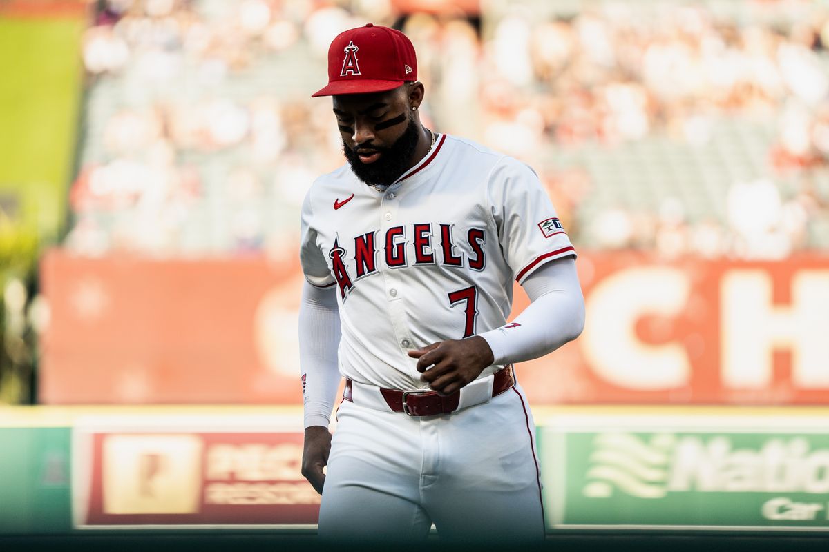 Los Angeles Angels OF Jo Adell (7) warms up before the first pitch in a game against the Washington Nationals Saturday June 28th, 2025 at Angel's Stadium in Anaheim, Calif.