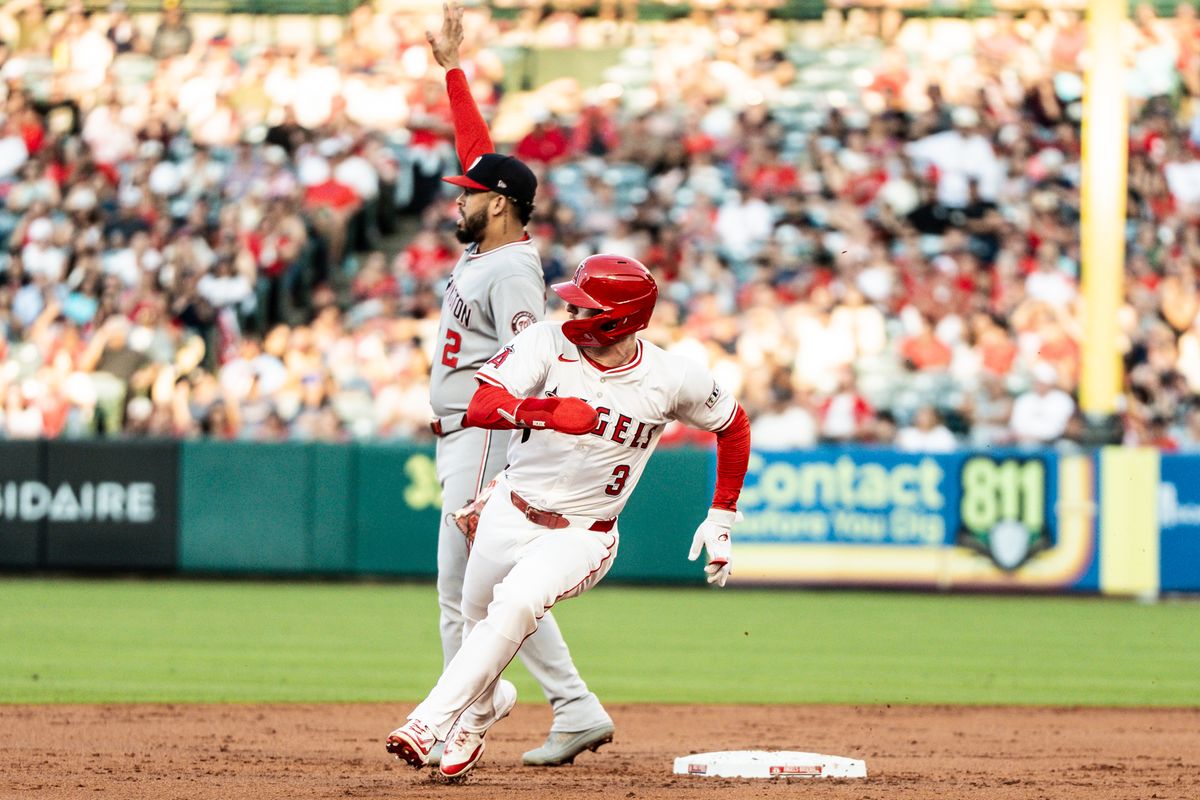 Los Angeles Angels OF Taylor Ward (3) Rounds the bases after a hit in a game against the Washington Nationals Saturday June 28th, 2025 at Angel's Stadium in Anaheim, Calif.