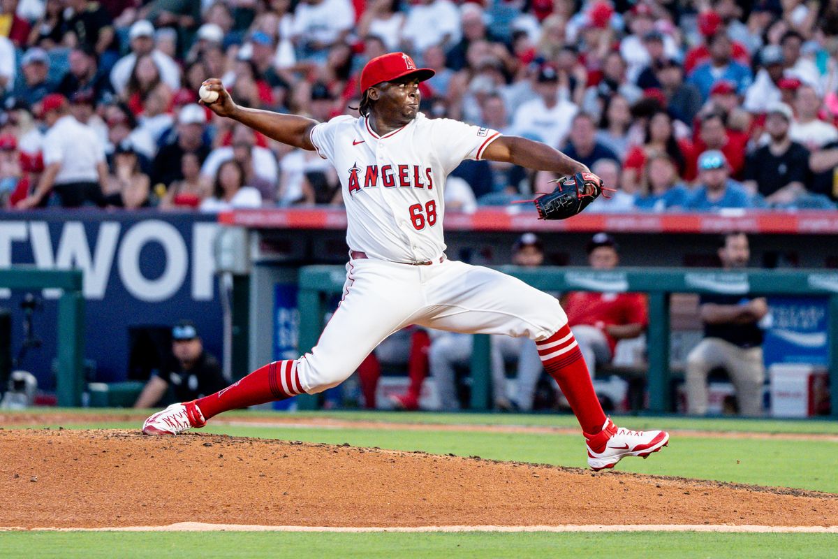 Los Angeles Angels P Jose Ferman (68) throws a change up in a game against the Washington Nationals Saturday June 28th, 2025 at Angel's Stadium in Anaheim, Calif.