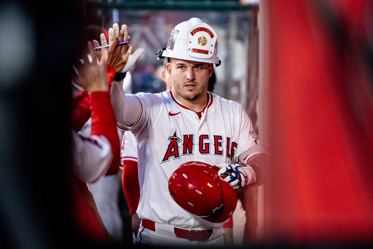 Los Angeles Angels OF Mike Trout (27) celebrate hitting a home run in a game against the Washington Nationals Saturday June 28th, 2025 at Angel's Stadium in Anaheim, Calif.