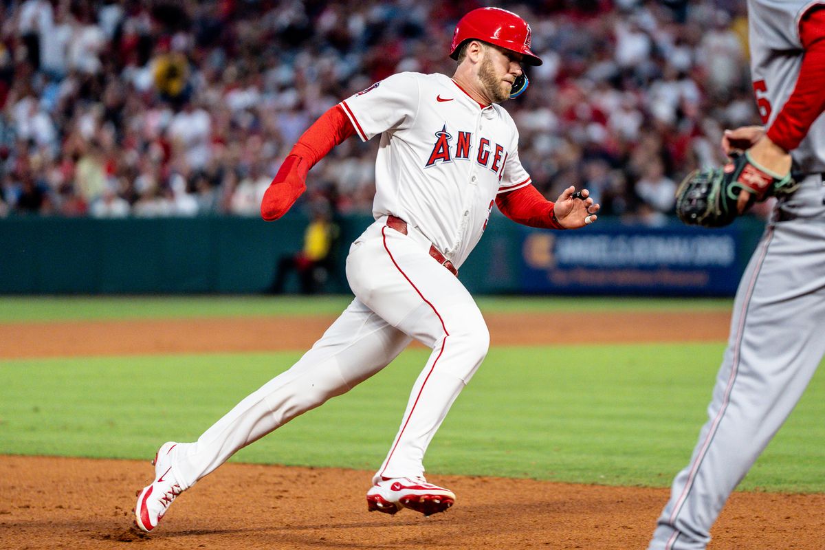 Los Angeles Angels OF Taylor Ward (3) rounds third base to score in a game against the Washington Nationals Saturday June 28th, 2025 at Angel's Stadium in Anaheim, Calif.