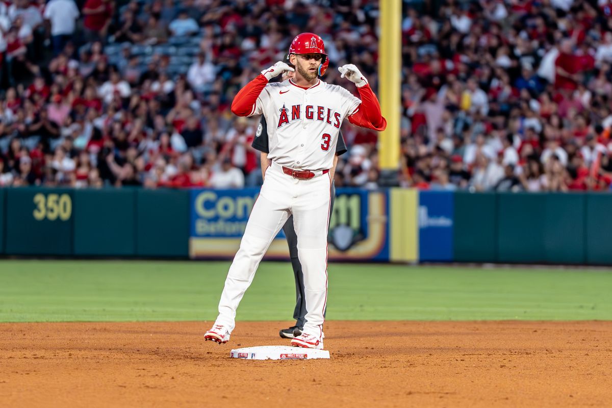 Los Angeles Angels OF Taylor Ward (3) celebrates after hitting a double in a game against the Washington Nationals Saturday June 28th, 2025 at Angel's Stadium in Anaheim, Calif.