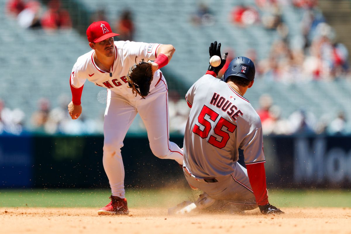 Brady House #55 of the Washington Nationals slides into second base during the game against the Los Angeles Angels at Angel Stadium of Anaheim on June 29, 2025 in Anaheim, California. Brady House #55 of the Washington Nationals slides into second base during the game against the Los Angeles Angels at Angel Stadium of Anaheim on June 29, 2025 in Anaheim, California.