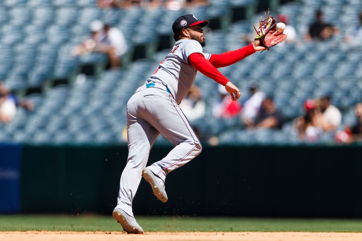 Luis García Jr. #2 of the Washington Nationals catches a fly ball during the game against the Los Angeles Angels at Angel Stadium of Anaheim on June 29, 2025 in Anaheim, California. Luis García Jr. #2 of the Washington Nationals catches a fly ball during the game against the Los Angeles Angels at Angel Stadium of Anaheim on June 29, 2025 in Anaheim, California.