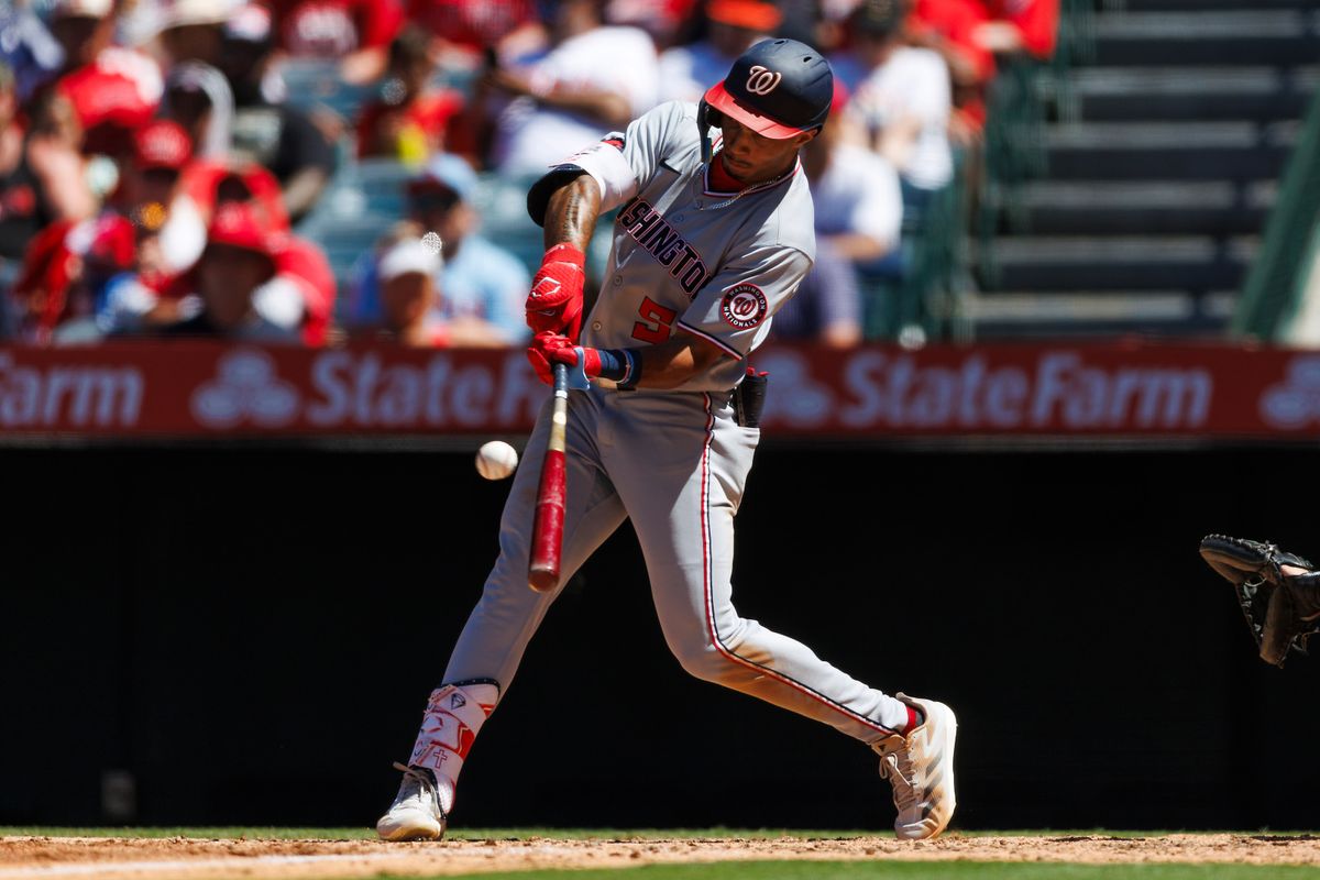 Daylen Lile #51 of the Washington Nationals hits the ball during the game against the Los Angeles Angels at Angel Stadium of Anaheim on June 29, 2025 in Anaheim, California. Daylen Lile #51 of the Washington Nationals hits the ball during the game against the Los Angeles Angels at Angel Stadium of Anaheim on June 29, 2025 in Anaheim, California.