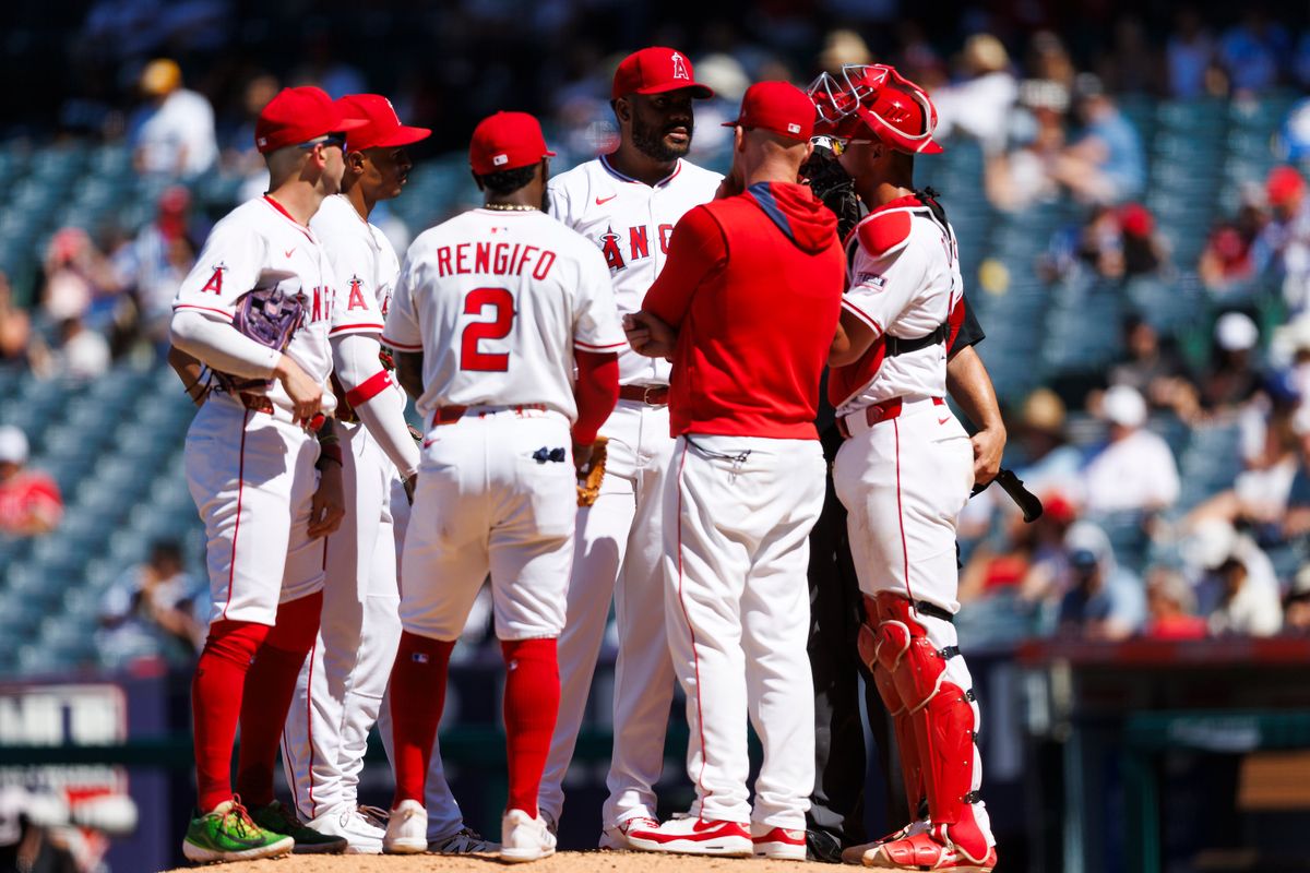 Kenley Jansen #74 of the Los Angeles Angels and players gather at the mound during the game against the Washington Nationals at Angel Stadium of Anaheim on June 29, 2025 in Anaheim, California. Kenley Jansen #74 of the Los Angeles Angels and players gather at the mound during the game against the Washington Nationals at Angel Stadium of Anaheim on June 29, 2025 in Anaheim, California.