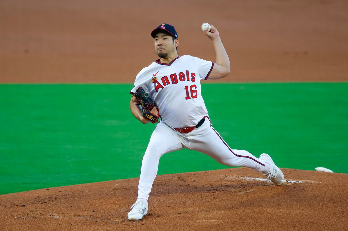 Yusei Kikuchi #16 of the Los Angeles Angels throws a pitch in the first inning during a game against the Texas Rangers at Angel Stadium on July 7, 2025, in Anaheim, California. Yusei Kikuchi #16 of the Los Angeles Angels throws a pitch in the first inning during a game against the Texas Rangers at Angel Stadium on July 7, 2025, in Anaheim, California.