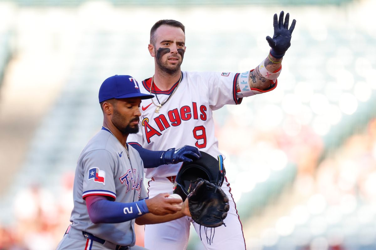 Zach Neto #9 of the Los Angeles Angels celebrates after a double in the first inning during a game against the Texas Rangers at Angel Stadium on July 7, 2025, in Anaheim, California. Zach Neto #9 of the Los Angeles Angels celebrates after a double in the first inning during a game against the Texas Rangers at Angel Stadium on July 7, 2025, in Anaheim, California.