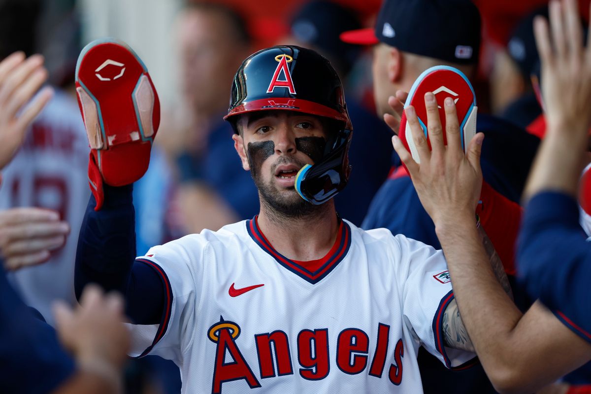 Zach Neto #9 of the Los Angeles Angels celebrates scoring a run in the first inning during a game against the Texas Rangers at Angel Stadium on July 7, 2025, in Anaheim, California. Zach Neto #9 of the Los Angeles Angels celebrates scoring a run in the first inning during a game against the Texas Rangers at Angel Stadium on July 7, 2025, in Anaheim, California.