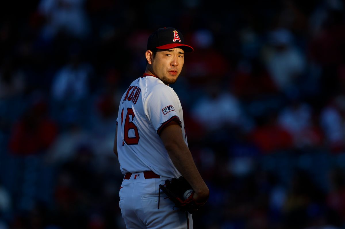 Yusei Kikuchi #16 of the Los Angeles Angels on the mound during a game against the Texas Rangers at Angel Stadium on July 7, 2025, in Anaheim, California. Yusei Kikuchi #16 of the Los Angeles Angels on the mound during a game against the Texas Rangers at Angel Stadium on July 7, 2025, in Anaheim, California.