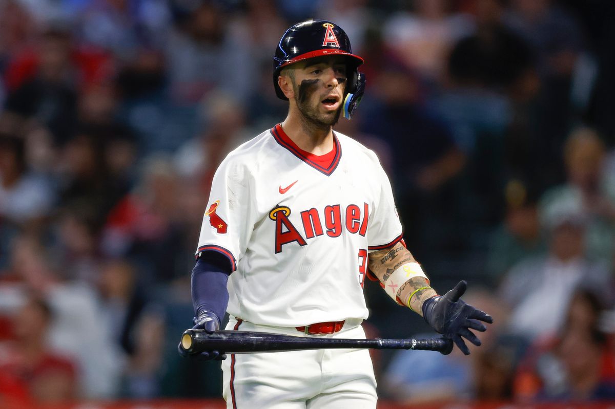 Zach Neto #9 of the Los Angeles Angels reacts during a game against the Texas Rangers at Angel Stadium on July 7, 2025, in Anaheim, California. Zach Neto #9 of the Los Angeles Angels reacts during a game against the Texas Rangers at Angel Stadium on July 7, 2025, in Anaheim, California.