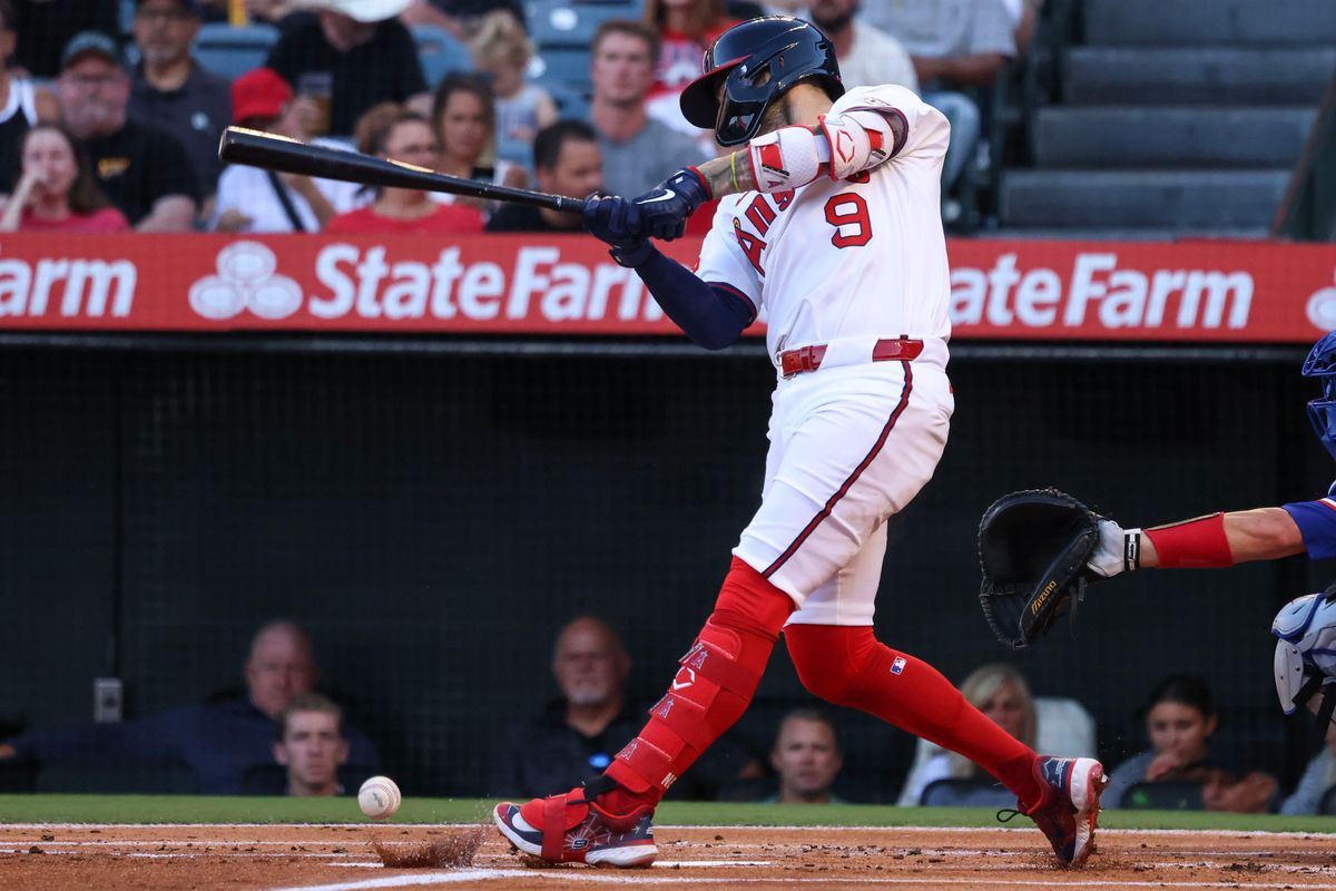 Los Angeles Angels infielder Zach Neto (9) hits a single during the MLB game against the Texas Rangers Tuesday July 8th, 2025 at Angel's Stadium in Anaheim, Calif.