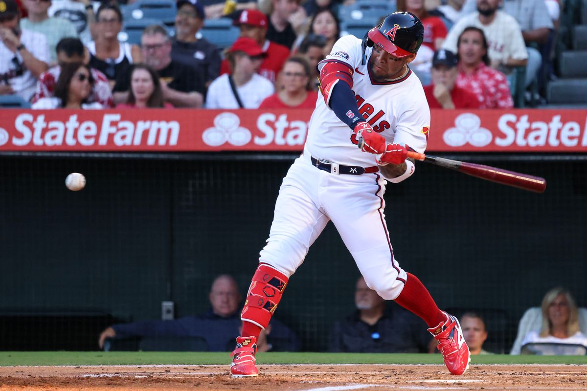 Los Angeles Angels infielder Yoán Moncada (5) hits the ball during the MLB game against the Texas Rangers Tuesday July 8th, 2025 at Angel's Stadium in Anaheim, Calif.
