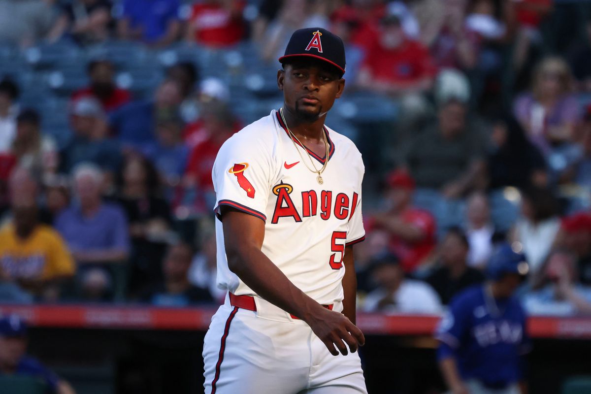 Los Angeles Angels right handed pitcher José Soriano (59) walks into the dugout after his third strikeout during the MLB game against the Texas Rangers Tuesday July 8th, 2025 at Angel's Stadium in Anaheim, Calif. Los Angeles Angels right handed pitcher José Soriano (59) walks into the dugout after his third strikeout during the MLB game against the Texas Rangers Tuesday July 8th, 2025 at Angel's Stadium in Anaheim, Calif.