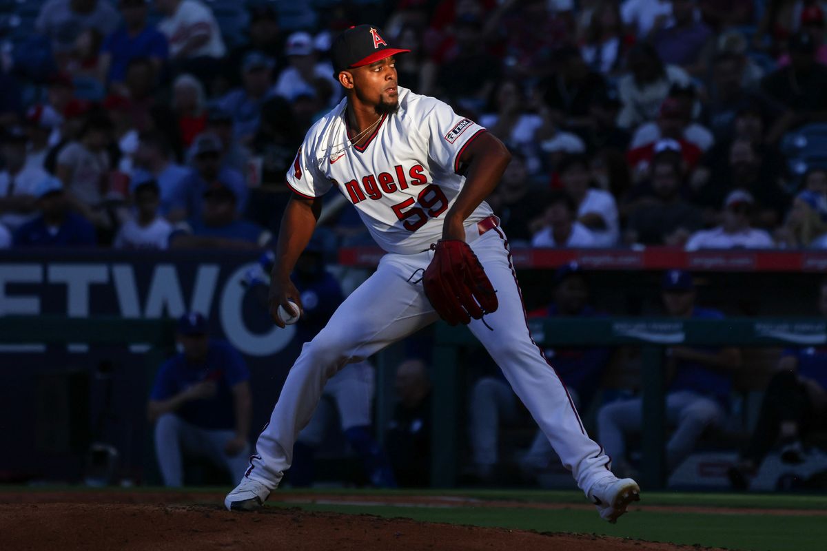 Los Angeles Angels right handed pitcher José Soriano (59) delivers a pitch during the MLB game against the Texas Rangers Tuesday July 8th, 2025 at Angel's Stadium in Anaheim, Calif.