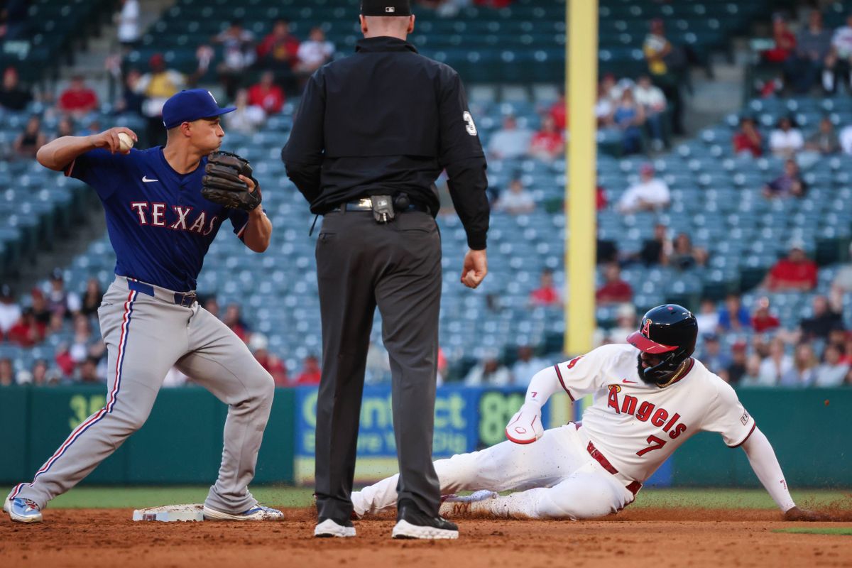 Los Angeles Angels outfielder Jo Adell (7) slides into second base during the MLB game against the Texas Rangers Tuesday July 8th, 2025 at Angel's Stadium in Anaheim, Calif.