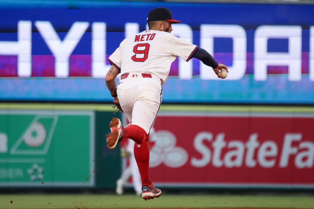 Los Angeles Angels infielder Zach Neto (9) tosses the ball to second base during the MLB game against the Texas Rangers Tuesday July 8th, 2025 at Angel's Stadium in Anaheim, Calif.
