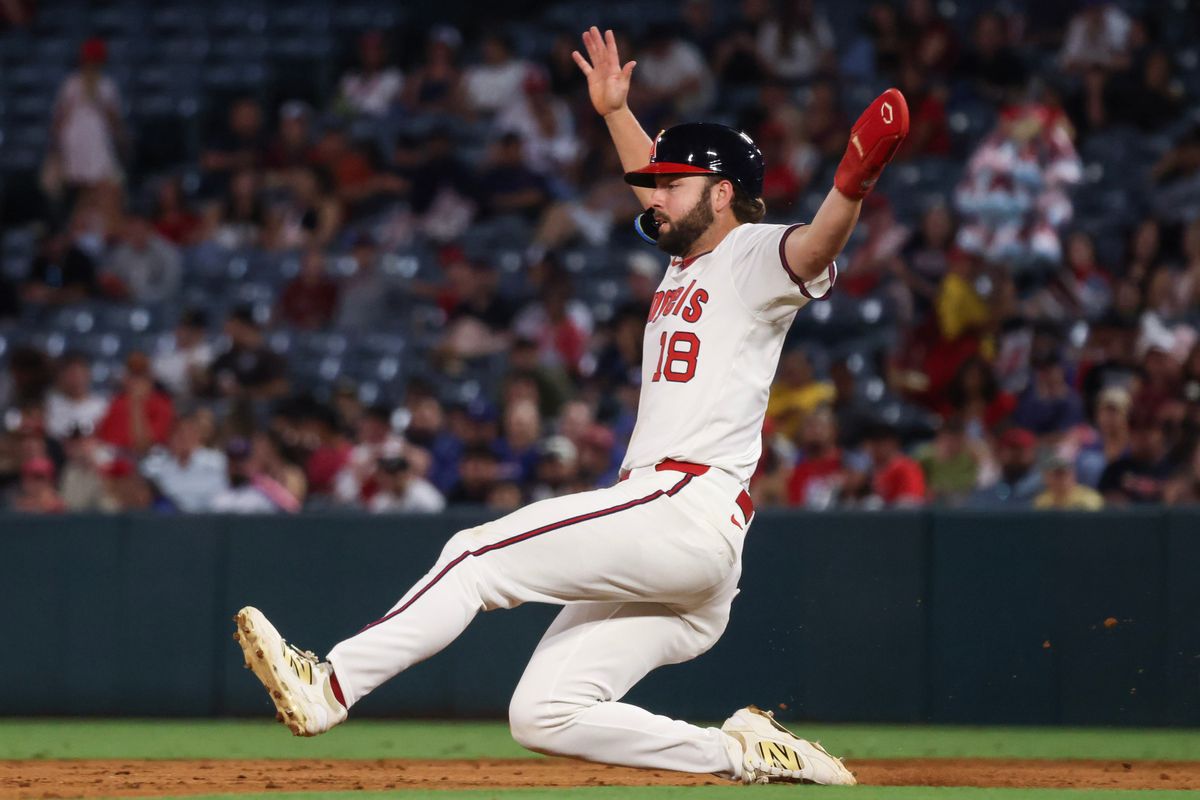 Los Angeles Angels infielder Nolan Schanuel (18) slides to second base during the MLB game against the Texas Rangers Tuesday July 8th, 2025 at Angel's Stadium in Anaheim, Calif.
