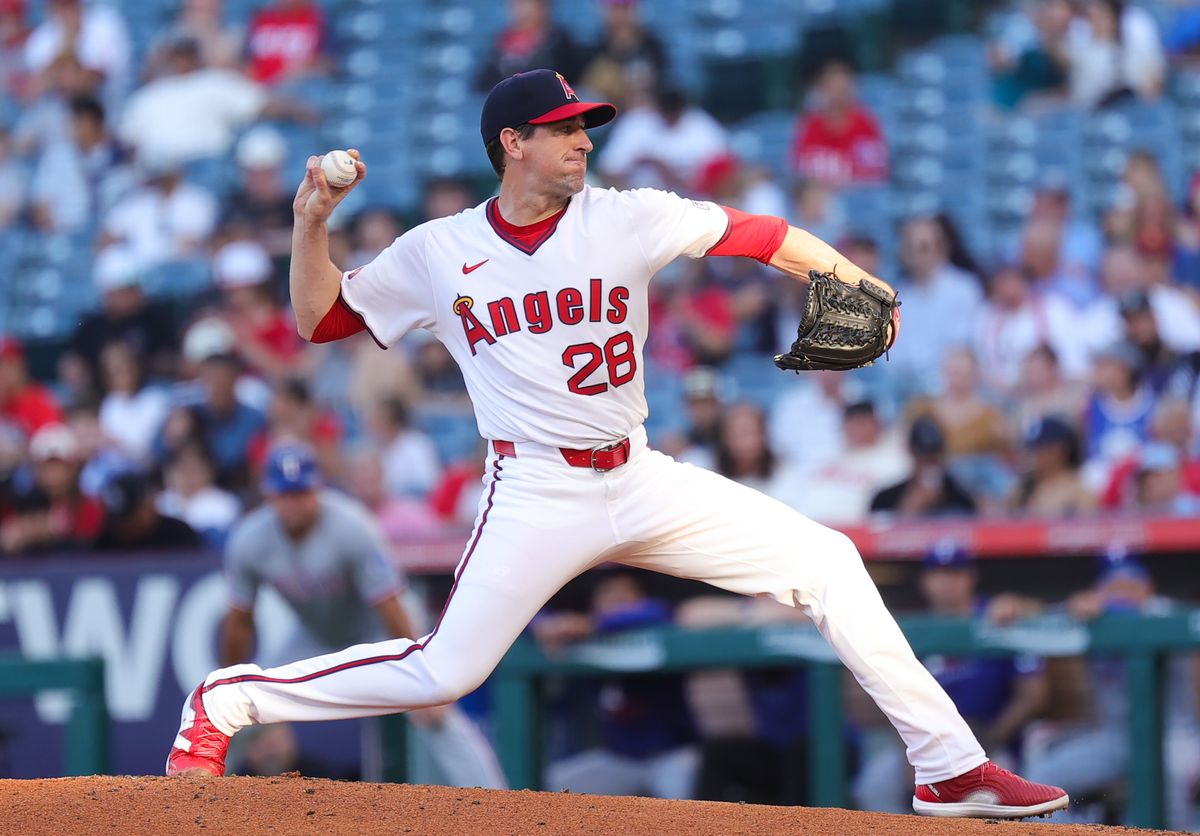 #28 Kyle Hendricks of the Los Angeles Angels throws a pitch against the Texas Rangers on July 9, 2025 in Anaheim, CA.