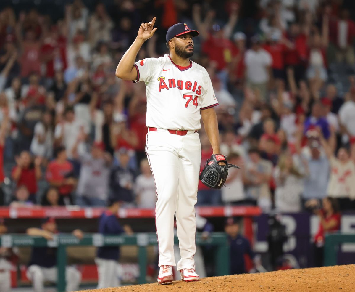 #74 Kenley Jansen of the Los Angeles Angels celebrate a game winning strikeout against the Texas Rangers on July 9, 2025 in Anaheim, CA.