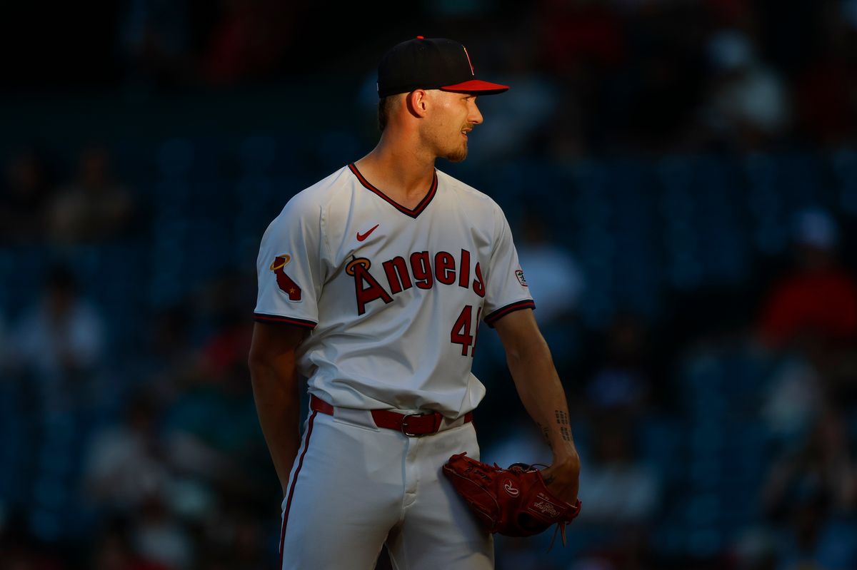 Jack Kochanowicz #41 of the Los Angeles Angels gets set to throw a pitch during a game against the Texas Rangers at Angel Stadium on July 10, 2025, in Anaheim, California. Jack Kochanowicz #41 of the Los Angeles Angels gets set to throw a pitch during a game against the Texas Rangers at Angel Stadium on July 10, 2025, in Anaheim, California.