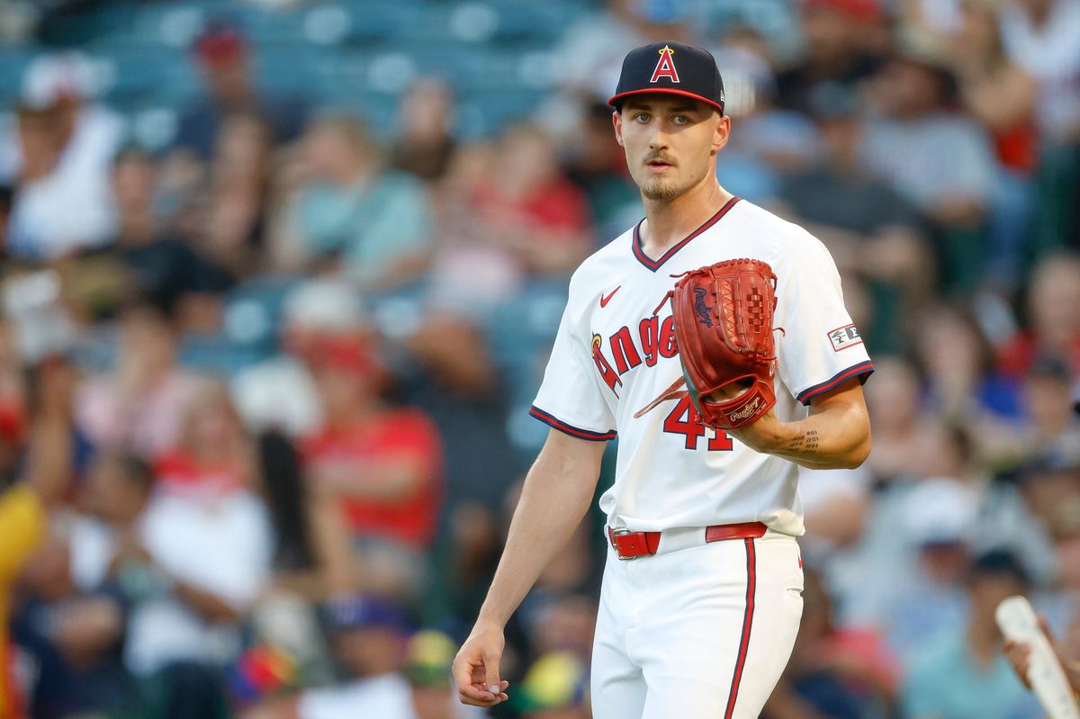 Jack Kochanowicz #41 of the Los Angeles Angels reacts during a game against the Texas Rangers at Angel Stadium on July 10, 2025, in Anaheim, California. Jack Kochanowicz #41 of the Los Angeles Angels reacts during a game against the Texas Rangers at Angel Stadium on July 10, 2025, in Anaheim, California.