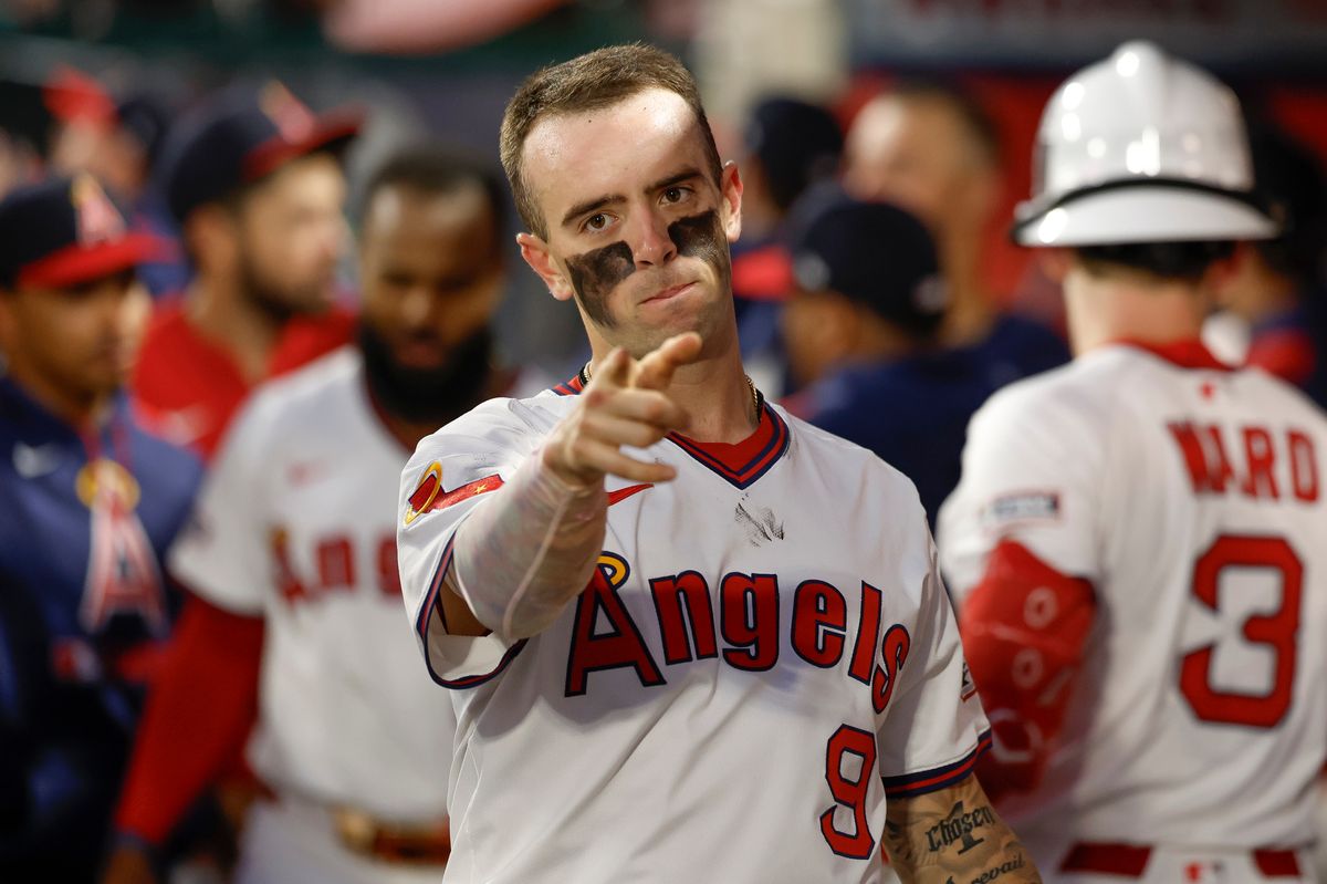 Zach Neto #9 of the Los Angeles Angels celebrates scoring a run during a game against the Texas Rangers at Angel Stadium on July 10, 2025, in Anaheim, California. Zach Neto #9 of the Los Angeles Angels celebrates scoring a run during a game against the Texas Rangers at Angel Stadium on July 10, 2025, in Anaheim, California.