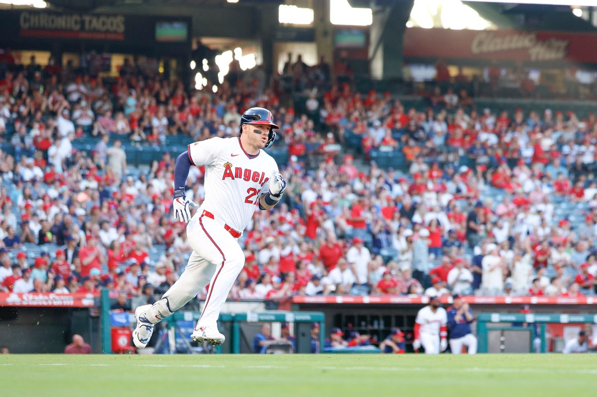 Mike Trout #27 of the Los Angeles Angels runs up the line on a double in the first inning during a game against the Arizona Diamondbacks at Angel Stadium on July 11, 2025, in Anaheim, California.