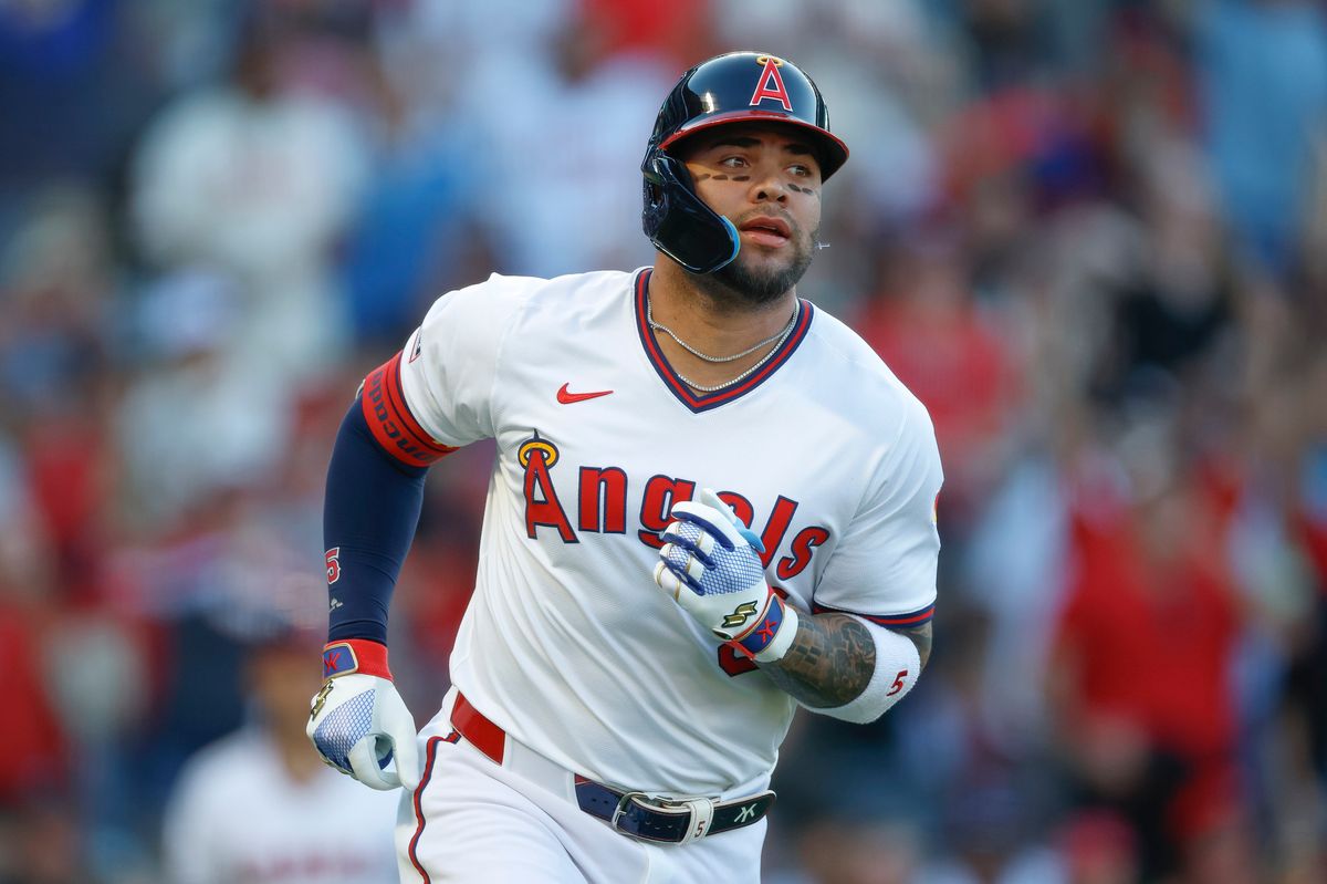 Yoan Moncada #5 of the Los Angeles Angels hits a home run during a game against the Arizona Diamondbacks at Angel Stadium on July 11, 2025, in Anaheim, California.