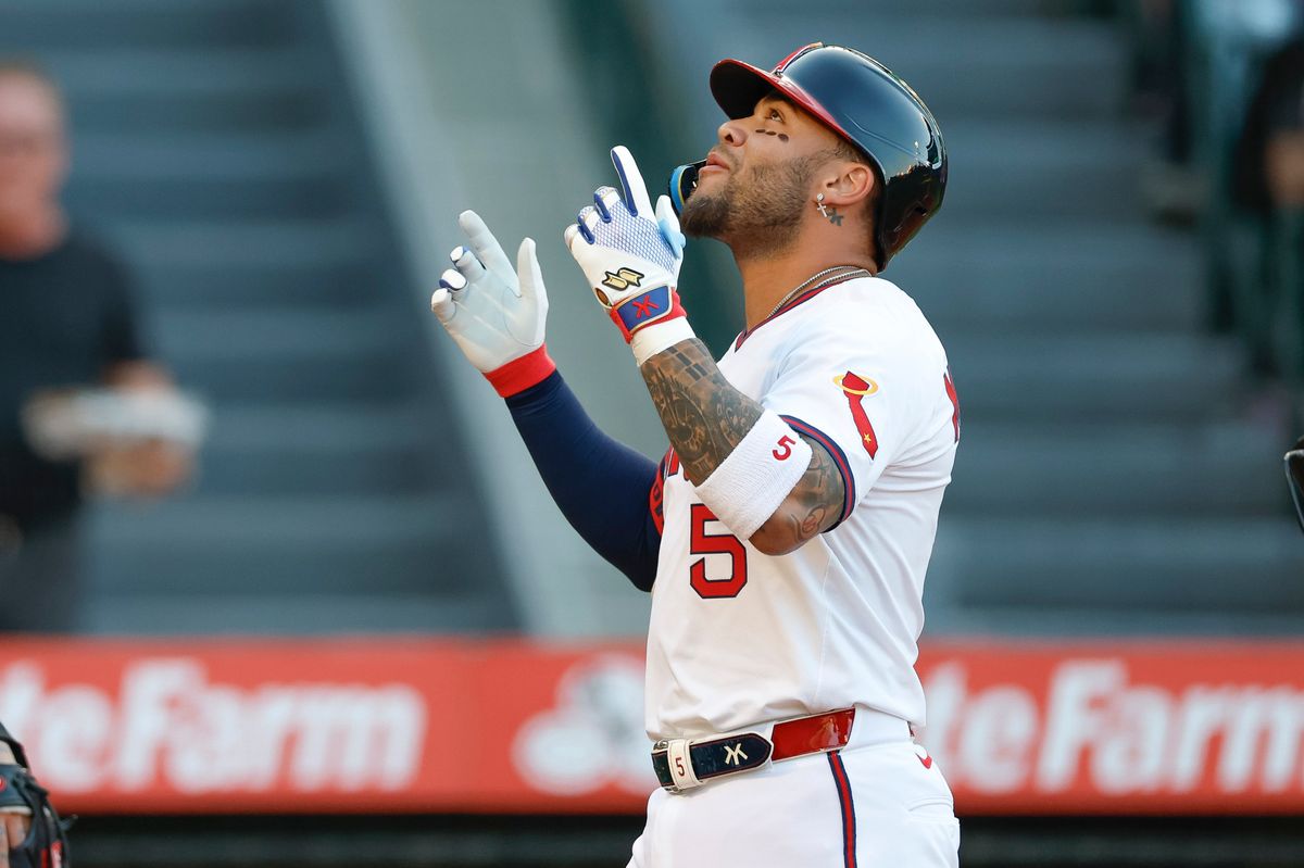Yoan Moncada #5 of the Los Angeles Angels celebrates a home run during a game against the Arizona Diamondbacks at Angel Stadium on July 11, 2025, in Anaheim, California.