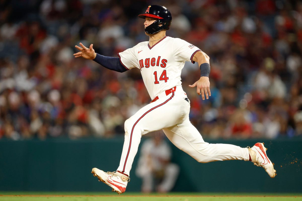 Logan O'Hoppe #14 of the Los Angeles Angels runs to second base during a game against the Arizona Diamondbacks at Angel Stadium on July 11, 2025, in Anaheim, California.