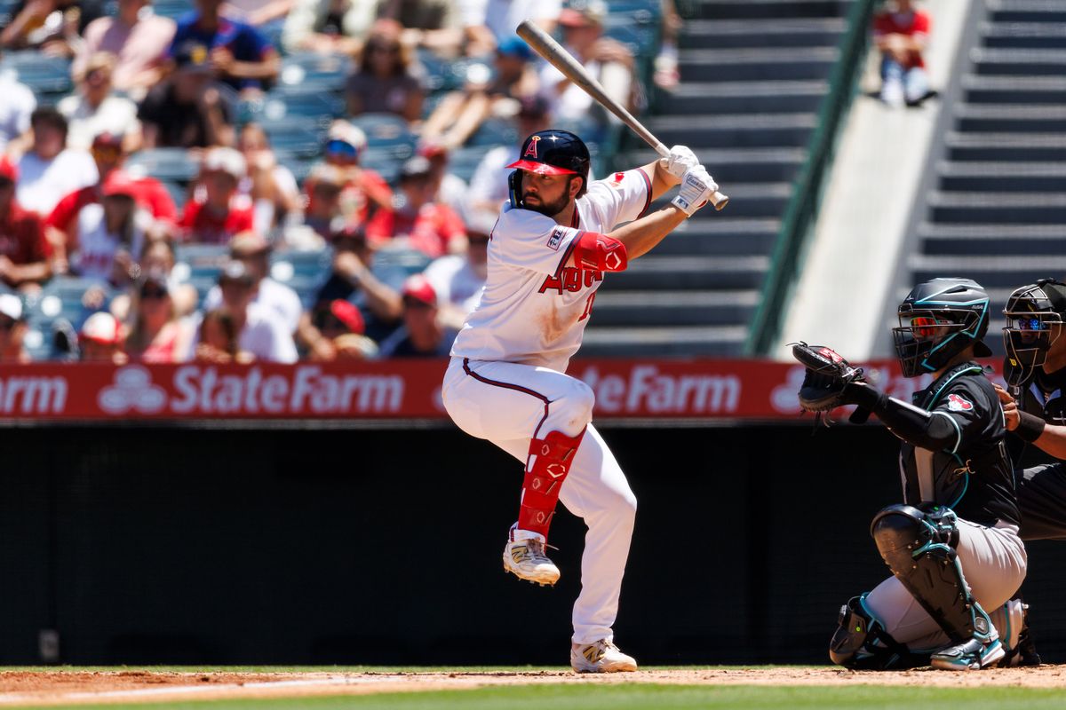 Nolan Schanuel #18 of the Los Angeles Angels at bat during the game against the Arizona Diamondbacks at Angel Stadium of Anaheim on July 13, 2025 in Anaheim, California. Nolan Schanuel #18 of the Los Angeles Angels at bat during the game against the Arizona Diamondbacks at Angel Stadium of Anaheim on July 13, 2025 in Anaheim, California.