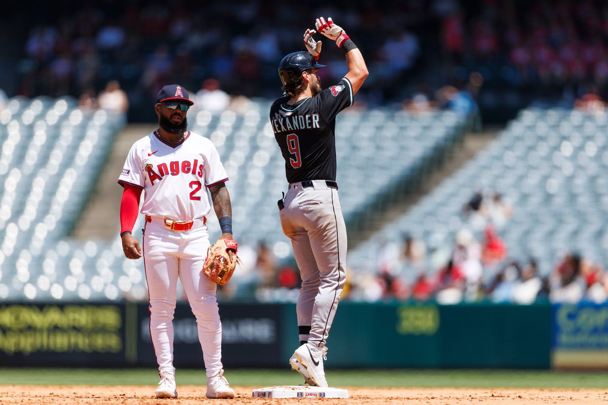 Blaze Alexander #9 of the Arizona Diamondbacks celebrates a double during the game against the Los Angeles Angels at Angel Stadium of Anaheim on July 13, 2025 in Anaheim, California. Blaze Alexander #9 of the Arizona Diamondbacks celebrates a double during the game against the Los Angeles Angels at Angel Stadium of Anaheim on July 13, 2025 in Anaheim, California.