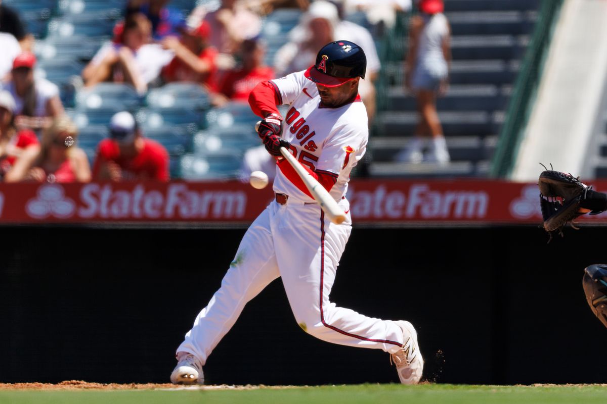 LaMonte Wade Jr. #35 of the Los Angeles Angels hit during the game against the Arizona Diamondbacks at Angel Stadium of Anaheim on July 13, 2025 in Anaheim, California. LaMonte Wade Jr. #35 of the Los Angeles Angels hit during the game against the Arizona Diamondbacks at Angel Stadium of Anaheim on July 13, 2025 in Anaheim, California.