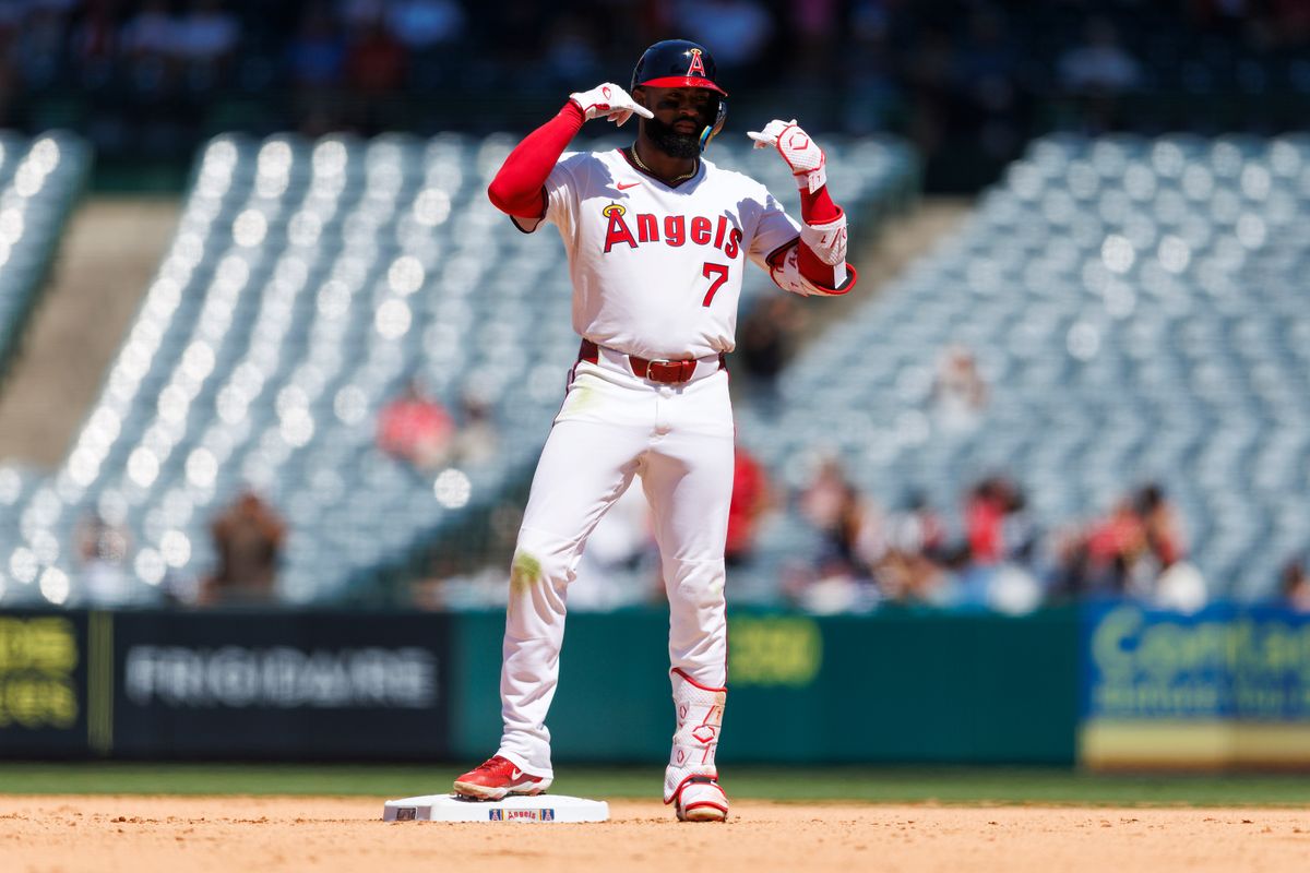 Jo Adell #7 of the Los Angeles Angels celebrates a double during the game against the Arizona Diamondbacks at Angel Stadium of Anaheim on July 13, 2025 in Anaheim, California. Jo Adell #7 of the Los Angeles Angels celebrates a double during the game against the Arizona Diamondbacks at Angel Stadium of Anaheim on July 13, 2025 in Anaheim, California.