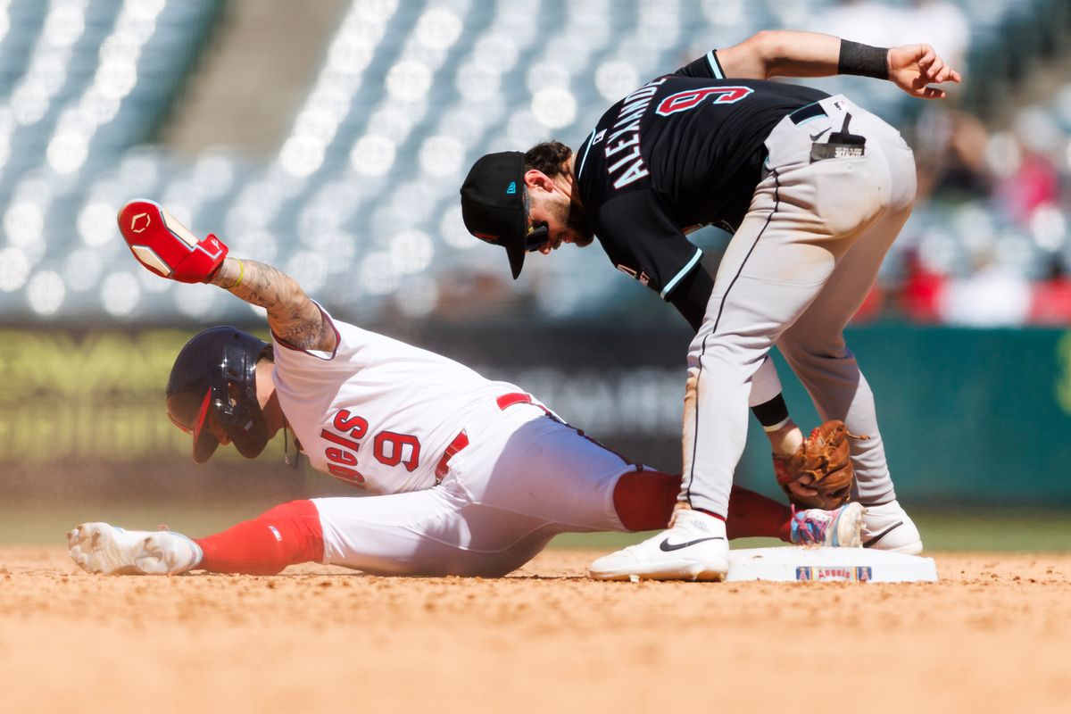 Zach Neto #9 of the Los Angeles Angels slides safe into second base against Blaze Alexander #9 of the Arizona Diamondbacks during the game at Angel Stadium of Anaheim on July 13, 2025 in Anaheim, California. Zach Neto #9 of the Los Angeles Angels slides safe into second base against Blaze Alexander #9 of the Arizona Diamondbacks during the game at Angel Stadium of Anaheim on July 13, 2025 in Anaheim, California.
