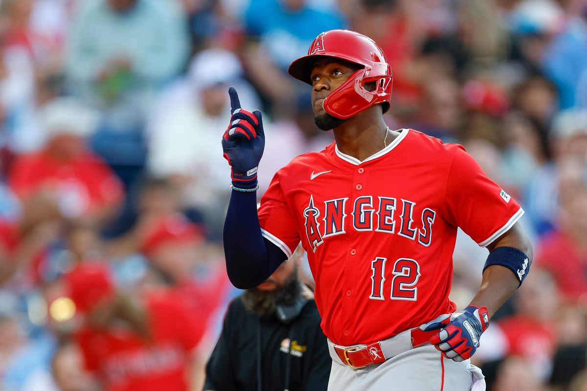 Jorge Soler #12 of the Los Angeles Angels celebrates a home run during a game against the Philadelphia Phillies at Citizens Bank Park on July 18, 2025, in Philadelphia, Pennsylvania. Jorge Soler #12 of the Los Angeles Angels celebrates a home run during a game against the Philadelphia Phillies at Citizens Bank Park on July 18, 2025, in Philadelphia, Pennsylvania.