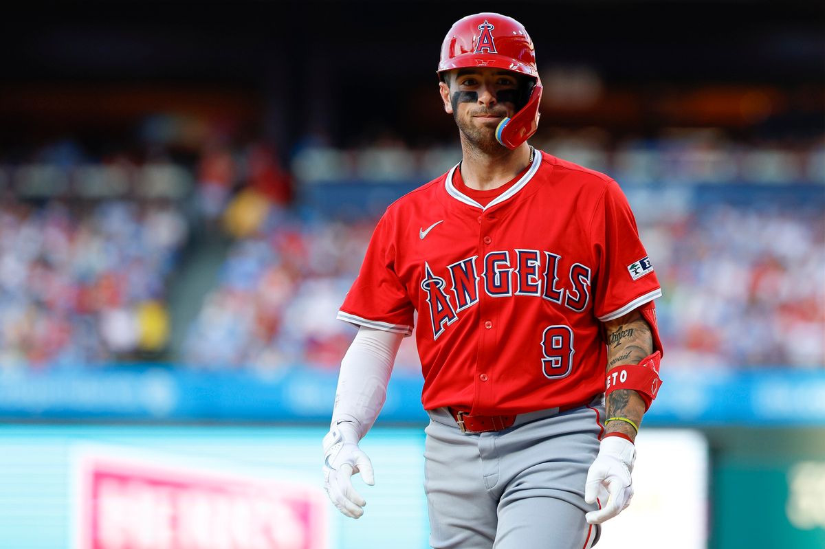 Zach Neto #9 of the Los Angeles Angels reacts during a game against the Philadelphia Phillies at Citizens Bank Park on July 18, 2025, in Philadelphia, Pennsylvania. Zach Neto #9 of the Los Angeles Angels reacts during a game against the Philadelphia Phillies at Citizens Bank Park on July 18, 2025, in Philadelphia, Pennsylvania.