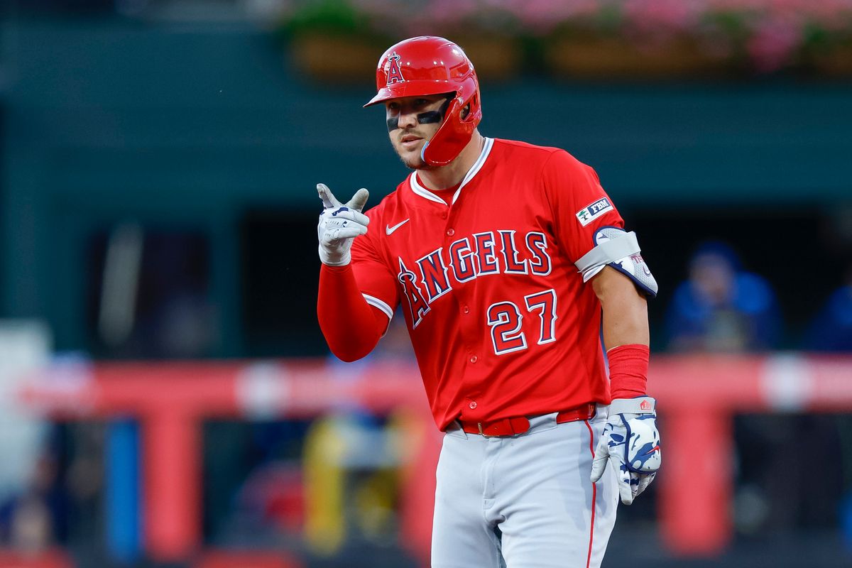 Mike Trout #27 of the Los Angeles Angels celebrates during a game against the Philadelphia Phillies at Citizens Bank Park on July 18, 2025, in Philadelphia, Pennsylvania. Mike Trout #27 of the Los Angeles Angels celebrates during a game against the Philadelphia Phillies at Citizens Bank Park on July 18, 2025, in Philadelphia, Pennsylvania.