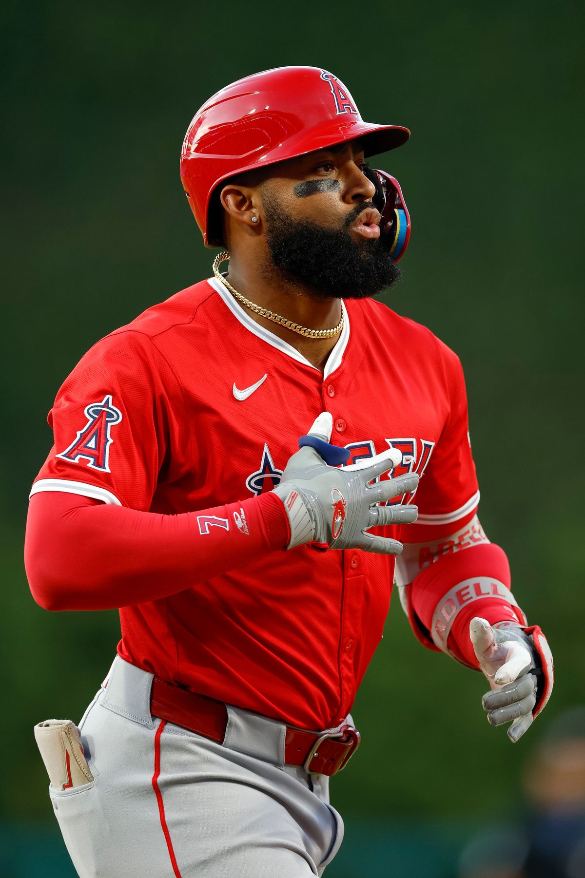 Jo Adell #7 of the Los Angeles Angels celebrates a home run during a game against the Philadelphia Phillies at Citizens Bank Park on July 18, 2025, in Philadelphia, Pennsylvania. Jo Adell #7 of the Los Angeles Angels celebrates a home run during a game against the Philadelphia Phillies at Citizens Bank Park on July 18, 2025, in Philadelphia, Pennsylvania.