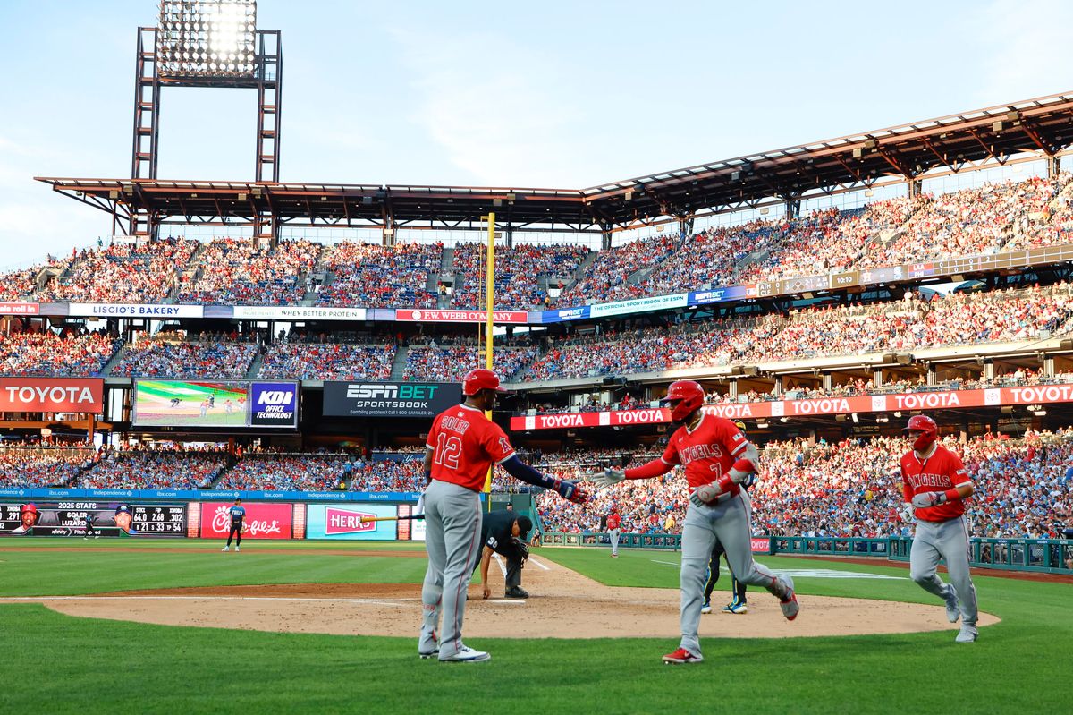 Jo Adell #7 of the Los Angeles Angels celebrates a home run during a game against the Philadelphia Phillies at Citizens Bank Park on July 18, 2025, in Philadelphia, Pennsylvania. Jo Adell #7 of the Los Angeles Angels celebrates a home run during a game against the Philadelphia Phillies at Citizens Bank Park on July 18, 2025, in Philadelphia, Pennsylvania.