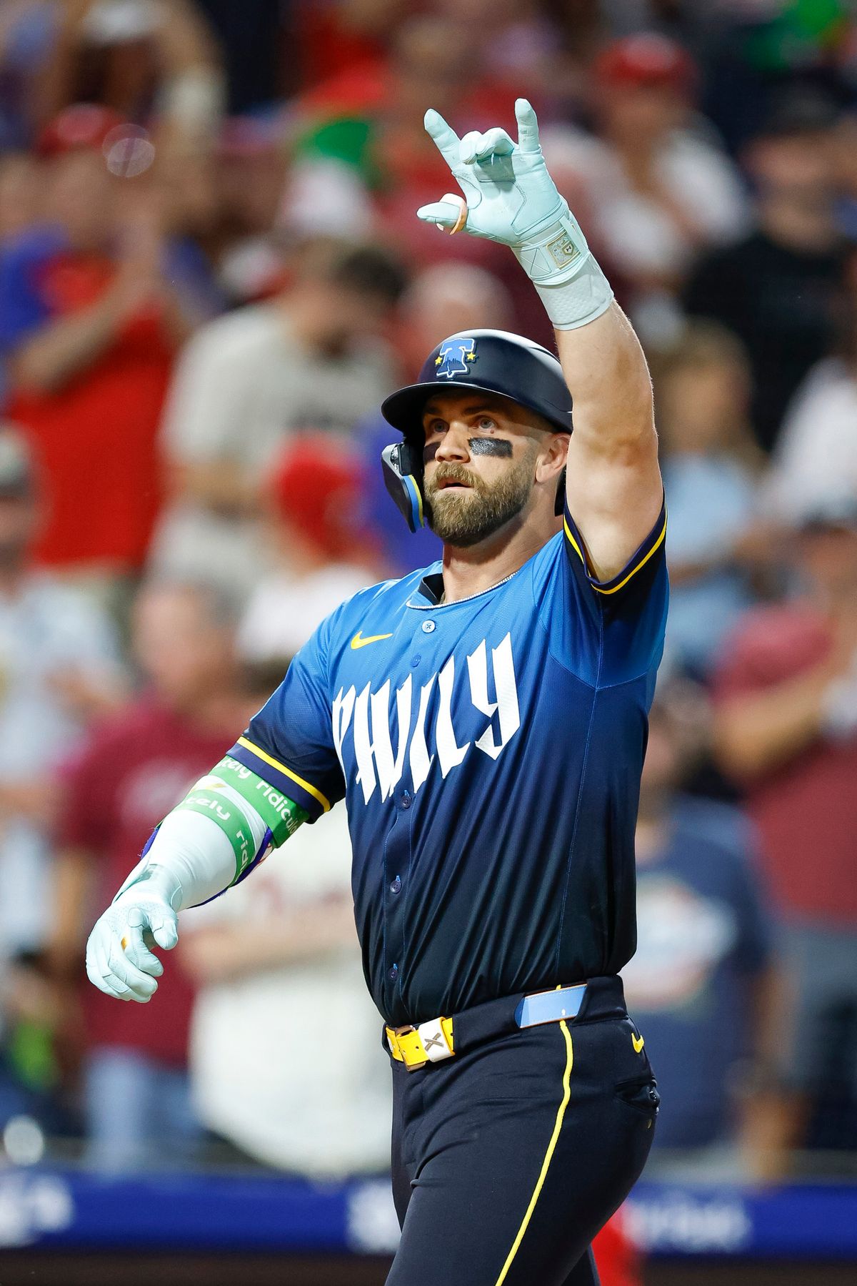 Bryce Harper #3 of the Philadelphia Phillies celebrates a home run during a game against the Los Angeles Angels at Citizens Bank Park on July 18, 2025, in Philadelphia, Pennsylvania. Bryce Harper #3 of the Philadelphia Phillies celebrates a home run during a game against the Los Angeles Angels at Citizens Bank Park on July 18, 2025, in Philadelphia, Pennsylvania.