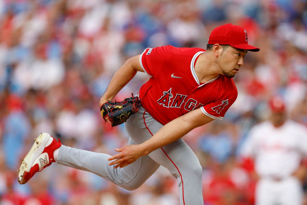 Yusei Kikuchi #16 of the Los Angeles Angels throws a pitch during a game against the Philadelphia Phillies at Citizens Bank Park on July 19, 2025, in Philadelphia, Pennsylvania.