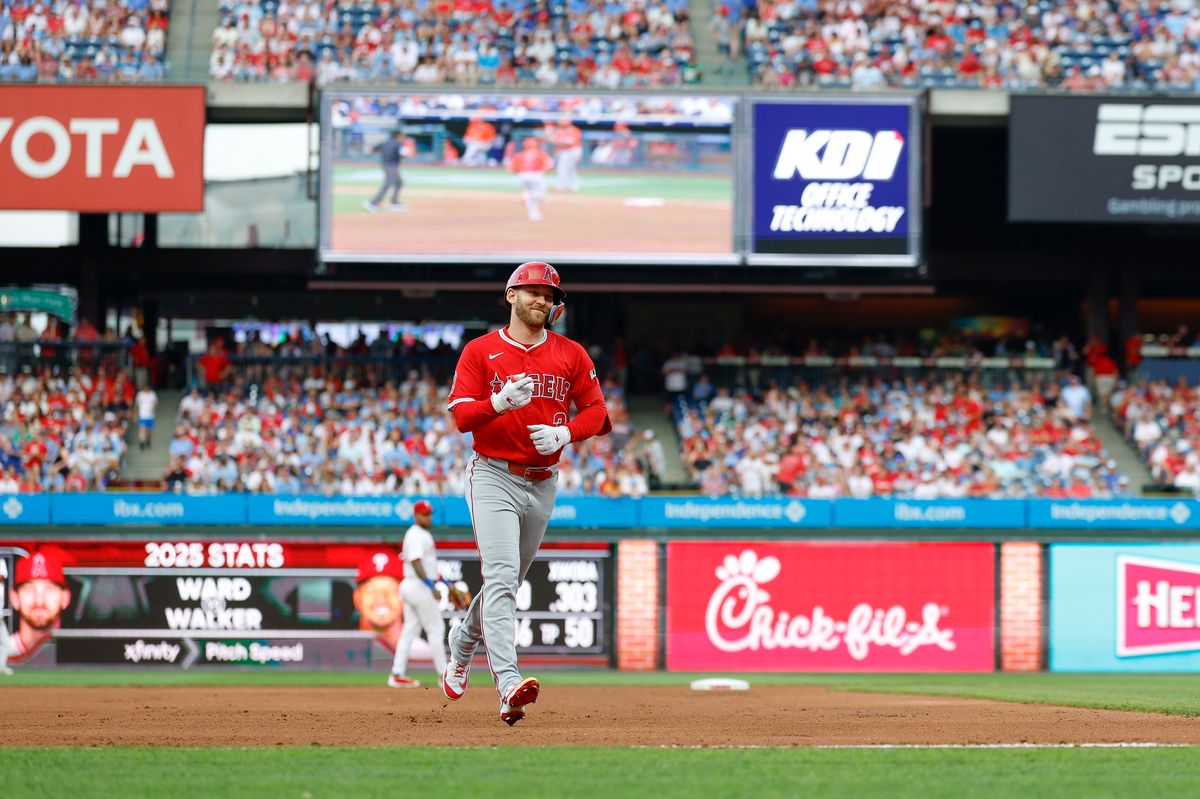 Taylor Ward #3 of the Los Angeles Angels hits a home run during a game against the Philadelphia Phillies at Citizens Bank Park on July 19, 2025, in Philadelphia, Pennsylvania.