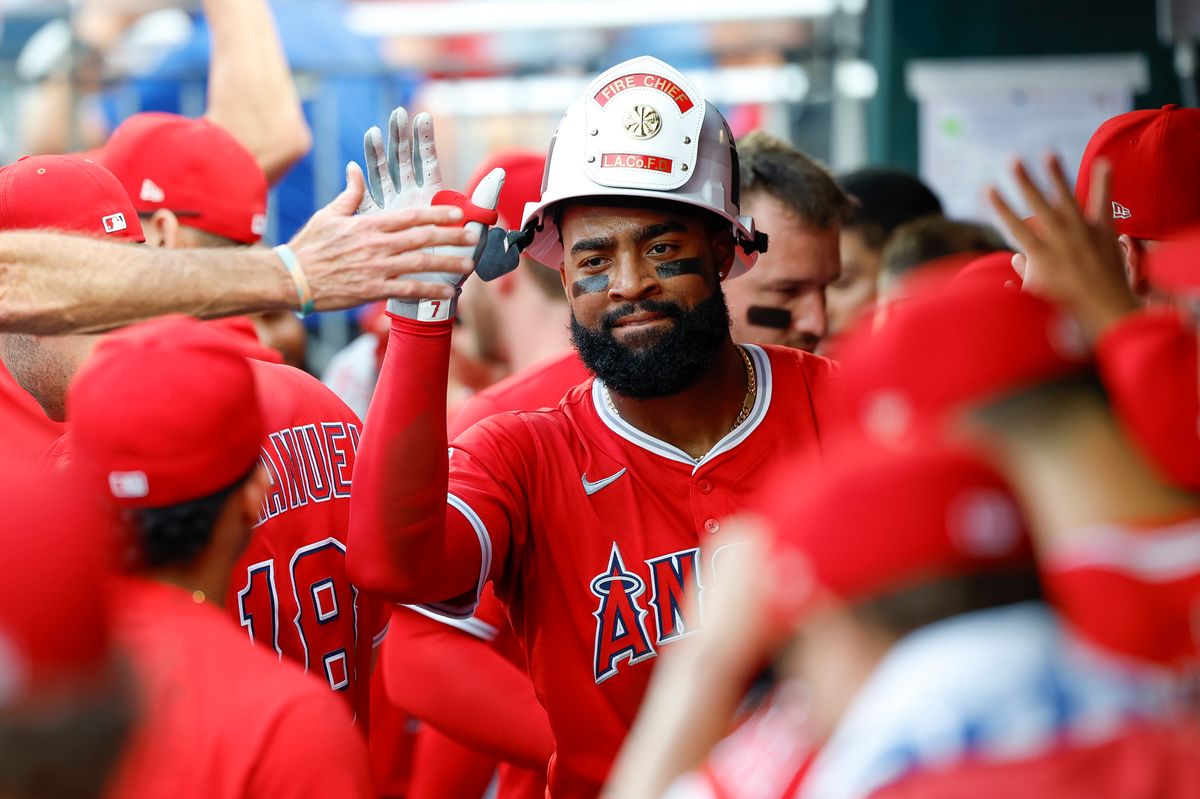Jo Adell #7 of the Los Angeles Angels celebrates a home run during a game against the Philadelphia Phillies at Citizens Bank Park on July 19, 2025, in Philadelphia, Pennsylvania.