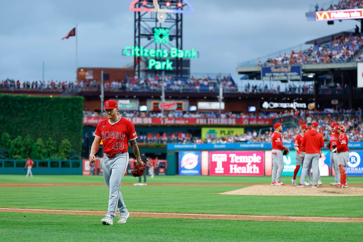 Sam Bachman #40 of the Los Angeles Angels is removed during a pitching change during a game against the Philadelphia Phillies at Citizens Bank Park on July 19, 2025, in Philadelphia, Pennsylvania.